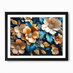 3d Art with Colorful Golden Flowers and Blue Leaves Art Print