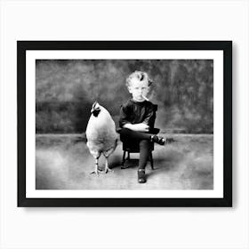 Boy And A Chicken, Boy Smoking a Cigarette, Funny, Vintage Black and White Old Photo Art Print