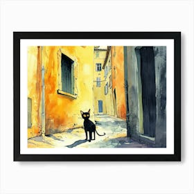 Marseille, France   Cat In Street Art Watercolour Painting 1 Art Print