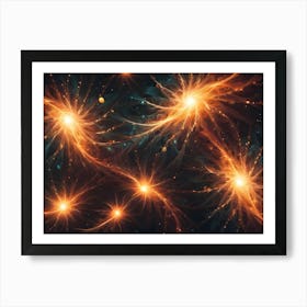 Abstract Fractal Art Resembling Glowing Flowers Or Stars With Radiating Lines And A Smoky, Ethereal Texture On A Dark Background Art Print