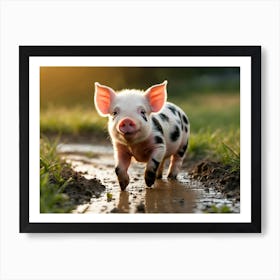 Cute Pig Walking In Puddle Art Print