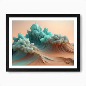 3d Illustration Of An Abstract, Surreal Landscape With A Turquoise Wave Exploding From The Sand Poster