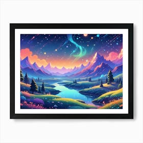 Illustration Of Colorful, Magical Mountains, With A Rainbow Aurora In The Sky, A River Winding Through The Valley Art Print