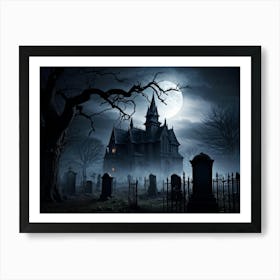 Frightened Souls Hovering Over A Mist Enshrouded Graveyard Full Moon Piercing Through Ominous Cloud (3) Art Print