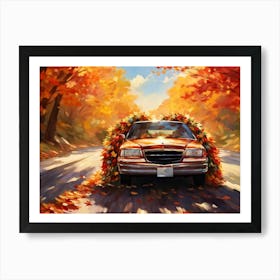 Autumnal Landscape Autumnal Leaves Cascading Down As A Car Adorned With Holiday Wreaths And Ribbon (3) Art Print