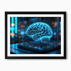 Cybernetic Brain Computer Interface Glowing With Neon Circuitry Entwined With Holographic Digital S (3) Art Print