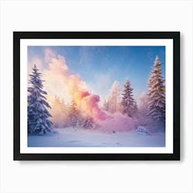 Baby Blue Pink Yellow And Light Magenta Smoke Swirling Amidst Snow Dusted Pine Trees In A Winter Art Print