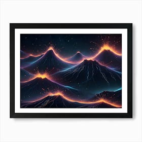 A Series Of Glowing Mountains, With Fiery Eruptions From Their Peaks, Against A Starry Sky, Evoking A Sense Of Volcanic Activity And Powerful Nature Art Print