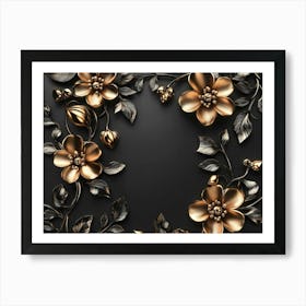 3d Illustration Background with Golden Jewelry and Flowers in Black Art Print