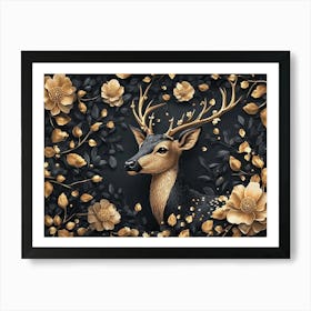 Elegant Luxury Golden and Black Deer Animal with Seamless Flowers with Leaves Art Print