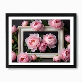 A Still Life Of Pink Peonies Arranged Within A White Picture Frame Against A Dark Background, Highlighting The Flowers Beauty And Delicacy Art Print