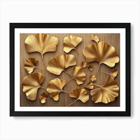 3d Golden Ginkgo Biloba Leaf and Leaves on a Brown Beige Background Art Print