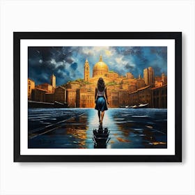 Women Walk Barefoot On Dry River Art Print