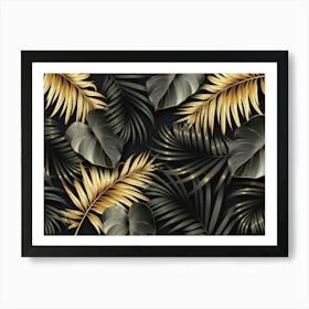 Gold Palm Leaves On Black Background Art Print