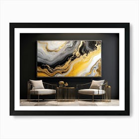 Abstract Art Featuring Liquid Marble Patterns Flowing Together In A Dance Of Grey Black Yellow G (1) Art Print