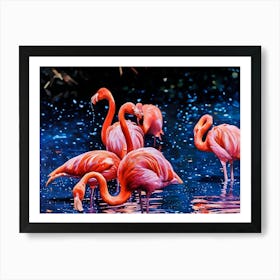 Flamingos in a Tranquil Lagoon. A serene scene of vibrant pink flamingos wading and interacting in a lush, green lagoon surrounded by dense foliage. The water reflects their elegant forms, creating a harmonious connection between nature and wildlife. 2 Art Print