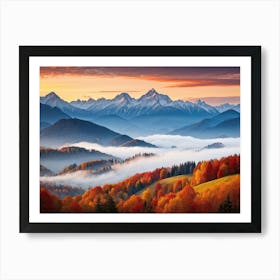 Autumn Landscape Panoramic View Of The Tatra Mountains Leaves In Vivid Shades Of Red Orange And (2) Art Print