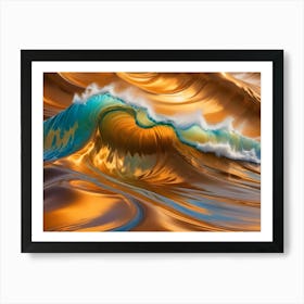 A Vibrant, Surreal Image Of A Turquoise Wave Cresting Over A Background Of Flowing, Golden Waves Art Print