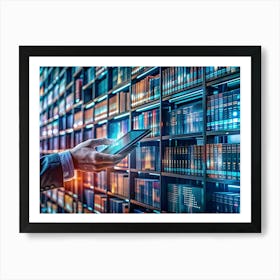 A Hand Holding A Tablet In A Library With Bookshelves Lined With Books And Glowing Blue Lights Art Print