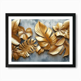 Gold Floral Plants And Palm Leaves Art, 3d Illustration, Grey Background, Abstract Tropical Leaves, Banana Art Print