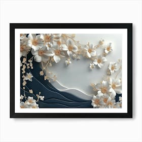 3d Artwork Illustration With A White And Blue Background Adorned With Golden Jewelry And Flowers 1 Art Print