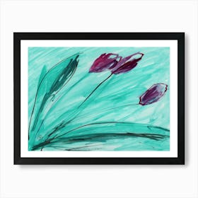 Three Wine Tulips - green red floral flower watercolor minimal hand painted Art Print