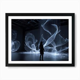 A Silhouette Of A Woman Standing In A Dark Room Illuminated By An Installation Of Flowing, Luminous Lines, Creating A Mesmerizing, Abstract Scene Art Print