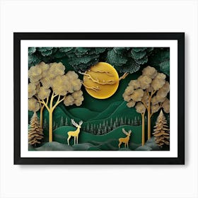 3d Forest in Dark Green and Golden Hues Art Print