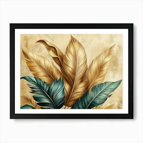 Vintage Tropical Green Brown Leaves, Beige Background, Golden Texture 7 Art Print