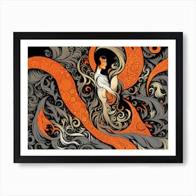 I am in love, vector art, abstract art, woman portrait, woman, woman in nature, orange and black, orange and grey, grey and black, shades of grey, Woman in floral pattern , woman with flowers  Art Print