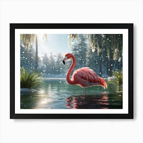 Plush Flamingo Panicled With Soft Greens Gently Wading Across The Smooth Surface Of A Glasslike La 1 Art Print