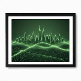 Abstract Digital Artwork Of A Futuristic Cityscape With Glowing Green Lines Representing A Network Or Grid 1 Art Print