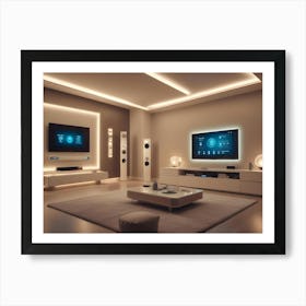 A Modern Living Room With A White Couch, A Coffee Table, And A Large Screen Tv Displaying A Smart Home Interface Art Print