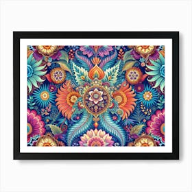 Floral Paisley Pattern With Colorful Flowers And Leaves On A Blue Background 1 Art Print