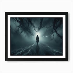 A Woman In A Black Coat Stands In A Dark, Foggy Forest With Eerie, Twisted Trees And Glowing Lights, Creating A Sense Of Mystery And Suspense Art Print