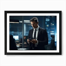 Businessman Sharp Suit Ultra Clear Texting On A Sleek Smartphone Indoor Setting Ambient Office Art Print