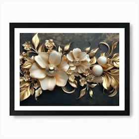 Background With Golden Jewelry And Flowers Art Print