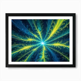 An Abstract Fractal Image Featuring Swirling, Glowing Lines And Shapes In Shades Of Blue And Yellow On A Dark Background Art Print