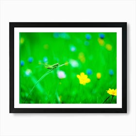 A Lush Grasshopper Leaps Across A Vibrant Oversaturated Meadow The Intense Green Hues Softened By (2) Art Print