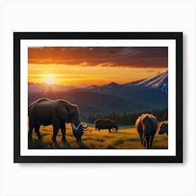 Sunset With Elephants Art Print