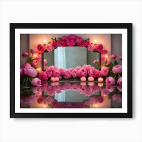 A Mirror Surrounded By A Beautiful Arrangement Of Pink Peonies And Candles, Creating A Romantic And Elegant Ambiance Art Print