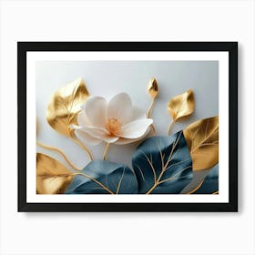 A White Sheet Of Paper Shows Flowers With Pink Petals, Golden Buds and Green Leaves Art Print