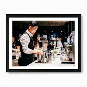 Barista Focused On Pouring Water Into A Step By Step Dripper Amid The Bustling Ambiance Of A Busy C (5) Art Print