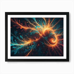 Abstract Fractal Art With Swirling, Feathery Patterns In Blue, Orange, And Gold, Evoking A Sense Of Cosmic Energy And Motion Art Print