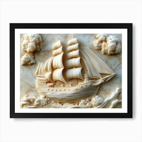 A Detailed Ship Sailing 3d Carved in Marble Stone Art Print