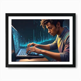 A Young Man With Curly Hair Is Typing On A Laptop Computer With A Glowing Screen Displaying Abstract Data And Lines Of Code Art Print