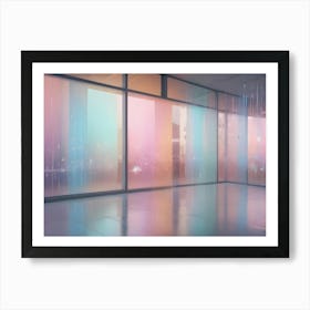 A Modern Room With Large Windows Showcasing A Colorful, Cityscape At Dusk, With A Soft, Pink And Blue Glow, Creating A Tranquil And Serene Atmosphere Art Print