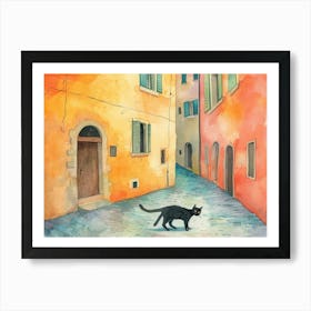 Black Cat In Brescia, Italy, Street Art Watercolour Painting 1 Art Print