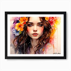 Beauty with Bouquet Flowers - Water Color Wash Painting Art Print