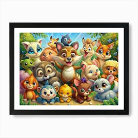 Group Of Cute Cartoon Animals In A Forest Art Print